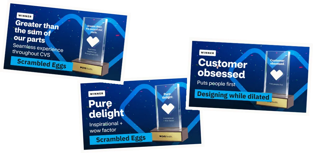 Award cards from the four-day North Star design sprint: Greater than the sum of our parts, Pure delight, and Customer obsessed