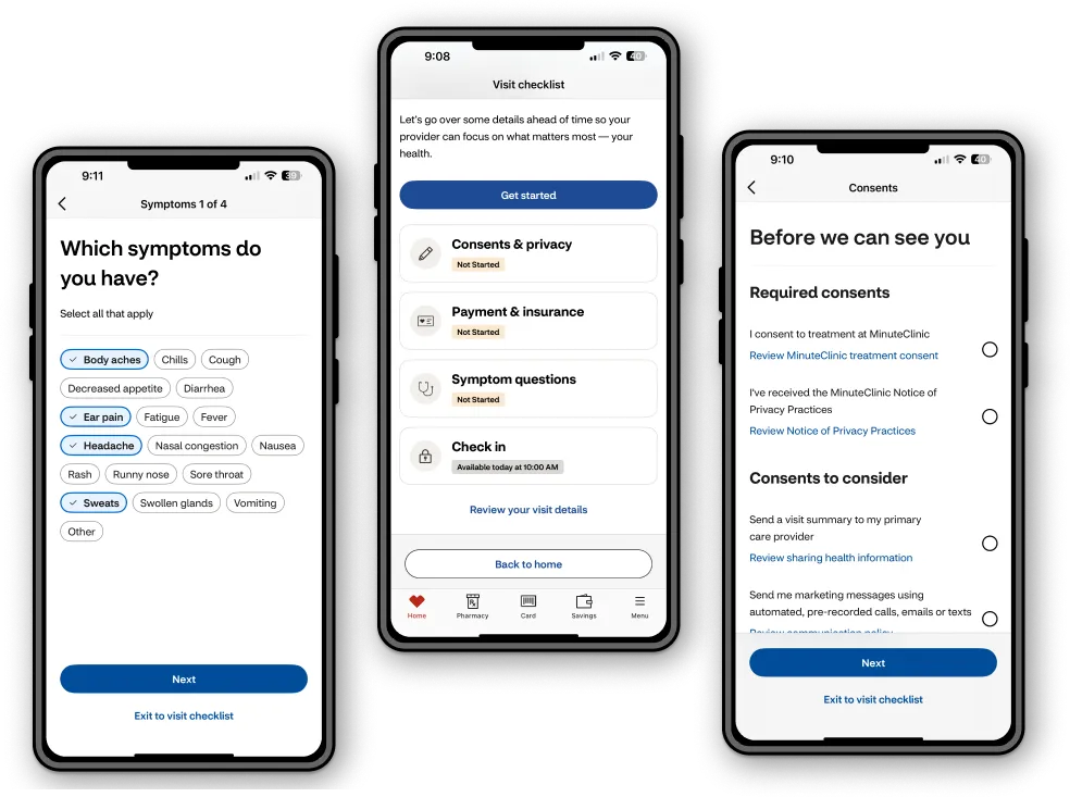 Visit Manager 2.0 screens on iPhone: symptom questions, the visit checklist and consents